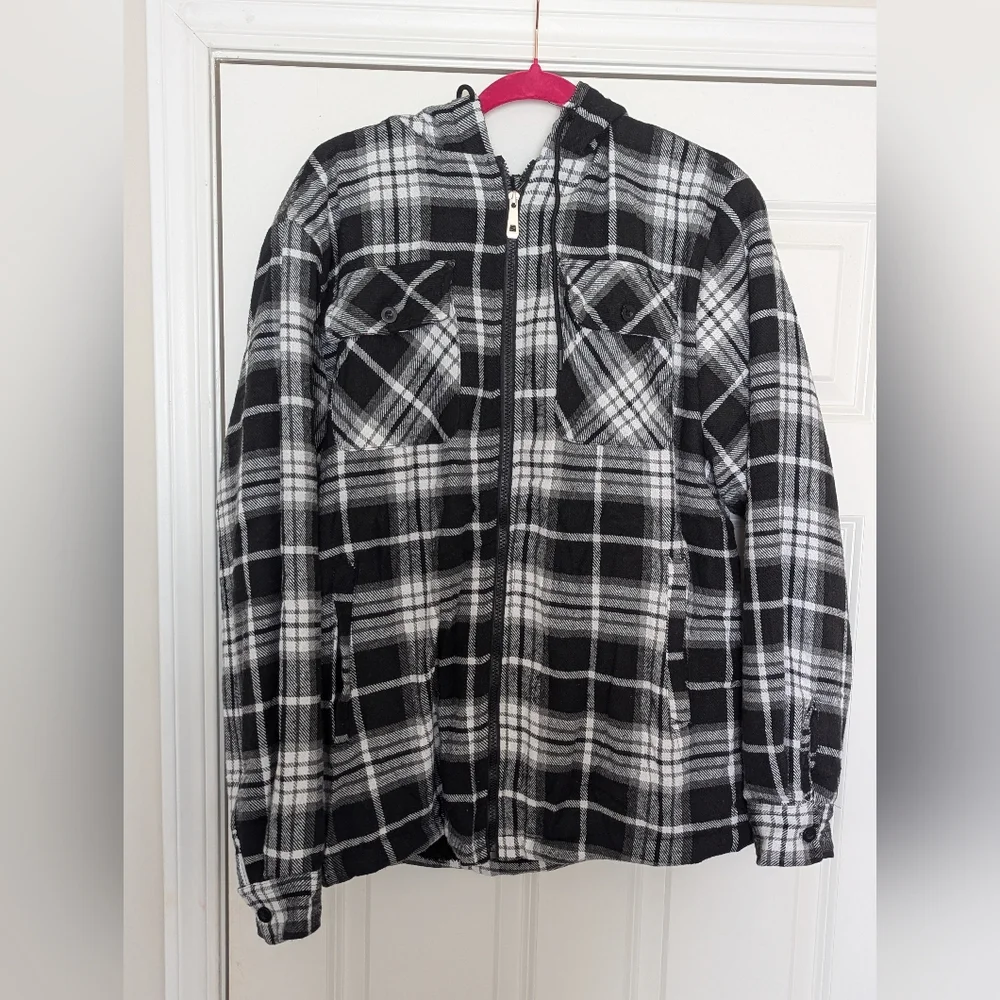 Plaid Hooded Jacket - Black and White/ Size Large/ Nwt - Picture 5 of 8